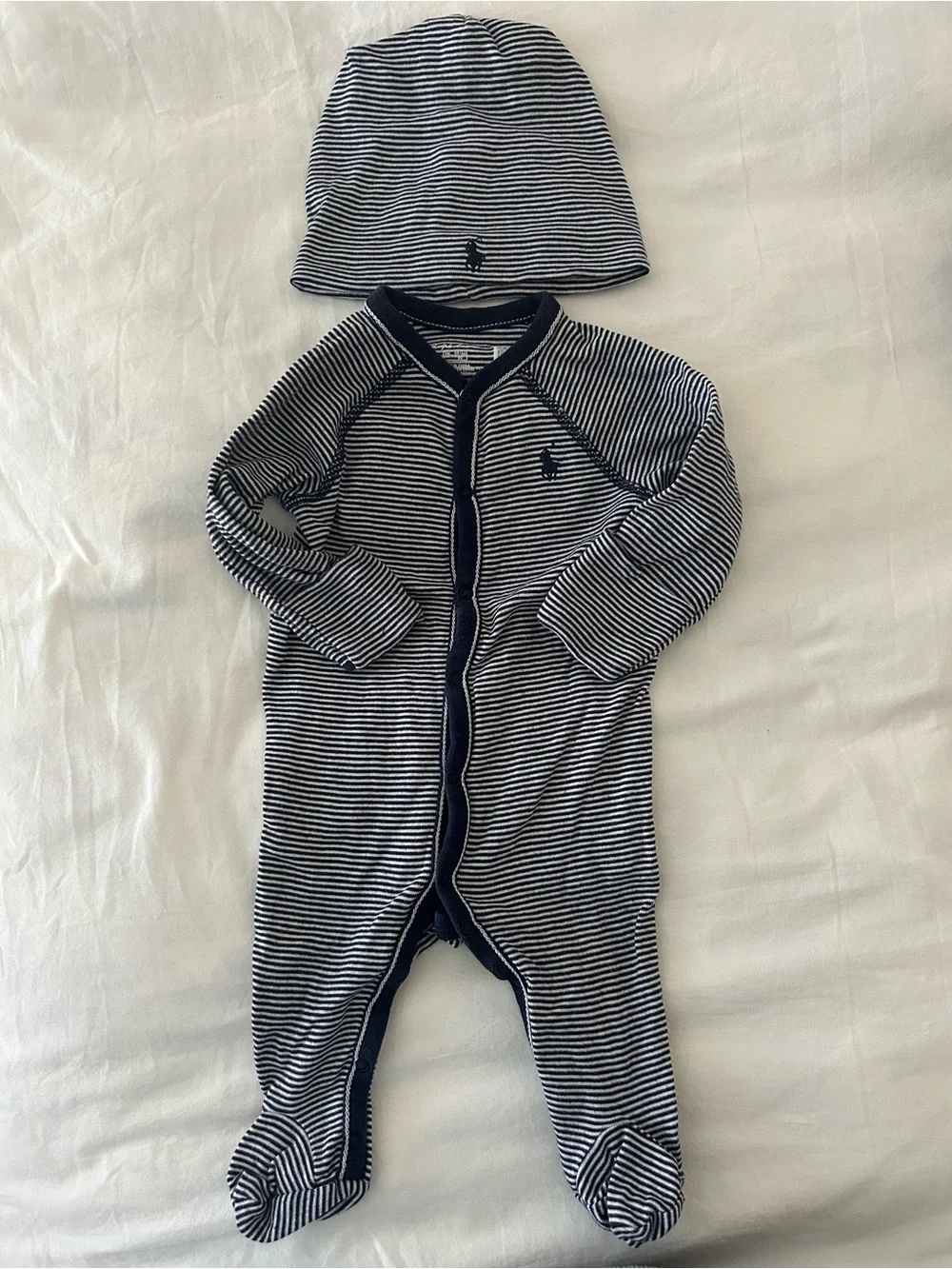 Ralph Lauren Baby Boy Striped Footie and Hat Set Navy Blue Stripes 3M